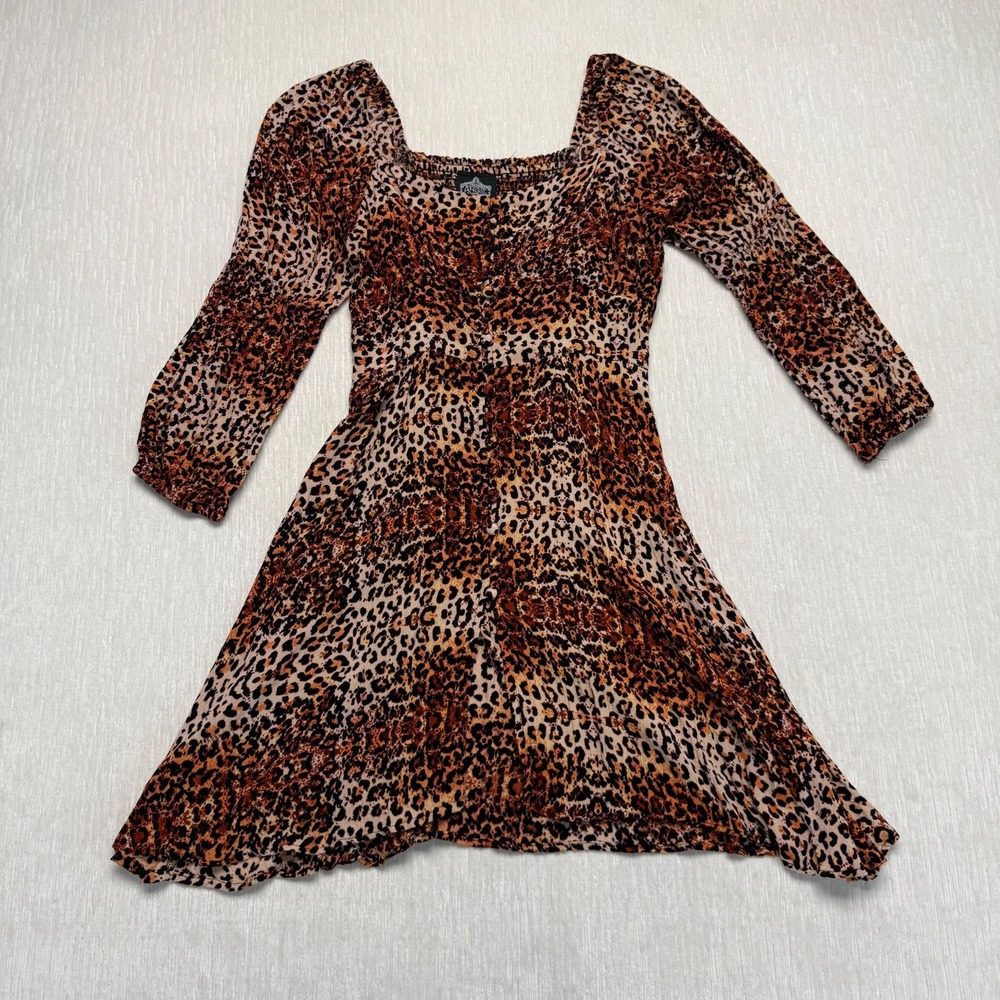 Angie A-Line Dress Medium Brown Leopard Print Smocked Square Neck Puff Sleeve